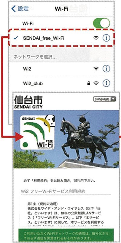 1.端末のWi-Fiの設定画面で、SSID「SENDAI_free_Wi-Fi」を選択し、ブラウザを起動する
