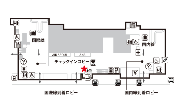 米子鬼太郎空港　1階　チェックインロビー　場所地図