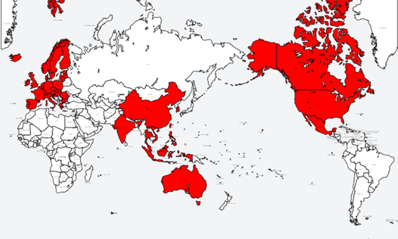▼世界地図形式の5G対応エリアマップ（アジア・欧州・北米の主要国を色分け）